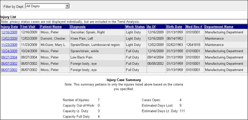 Injury Views When Injury records are found that match the specified search criteria, they are listed on the screen, followed by a brief summary of the same information.