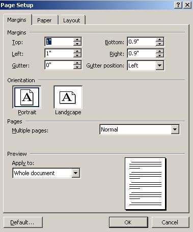 Page Margins The page margins of the document can be changed using the Page Setup window. Select File Page Setup and the dialog box appears. Choose the Margins tab in the dialog box.