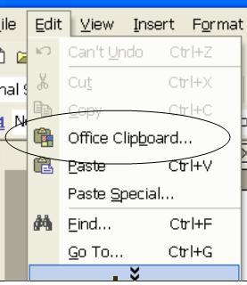 The Clipboard The last 24 elements that were cut or copied are placed onto Word's Clipboard. You can view the elements on the clipboard by selecting Edit Office Clipboard from the menu bar.