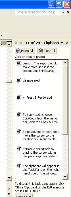 Click on the text to add its contents to the document. Click Paste All to add all of the items to the document at once.