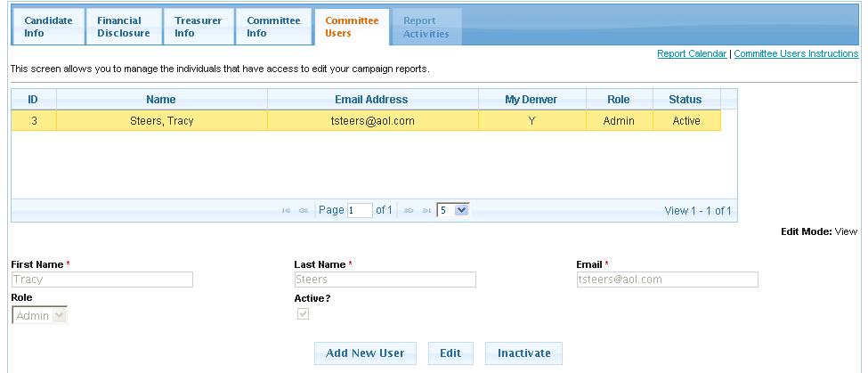 1. Click on the Committee Users Tab (fig. 3.5.1). 2. Click the Add New User button to add a new user, this clears the fields. 3. Enter each staff person individually.