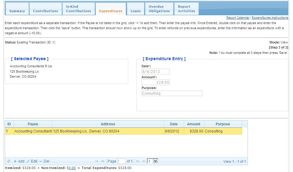 Enter the date, amount and purpose of the expenditure, then click the Save button and the new expenditure will