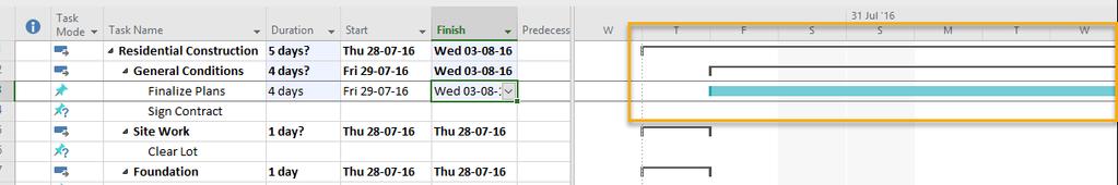 Click the start date field of the Finalize Plans task, enter a start date of next Friday 2.
