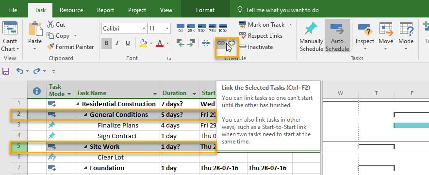 Select the General conditions and the Site Work Summary task and click the Link Icon This will automatically link the tasks via a finish to start relationship.