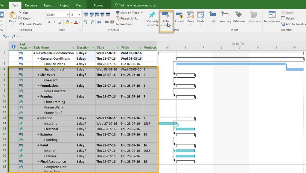 5. Your Gantt chart and dates will now show the tasks in