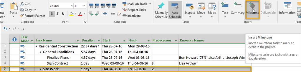 Fine Tuning your Plan Adding Milestones Milestone tasks can be used to highlight key points in a project.
