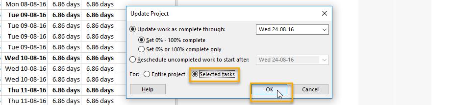Highlight the Finalize Plan Task > Click on the Project tab > and select the Update Project action 2.