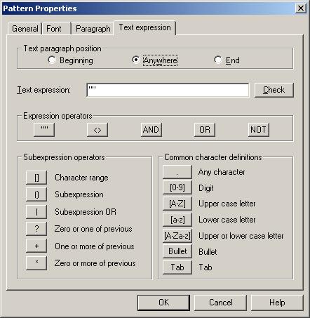 Setup Dialog Paragraph alignment: OK Cancel Select an option from the drop-down list. Pattern matching will be successful only if the paragraph has the alignment selected: Left, Center, or Right.