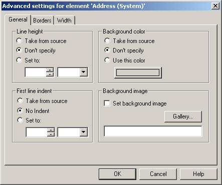 Formatting Dialog s Alignment Indentation Spacing Special Table overrides OK Cancel Lists the elements. Select this option to change margin alignment. Select this option to change margin indentation.