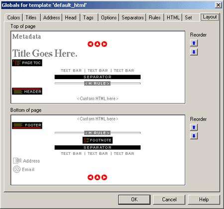 Globals Dialog A.7.12 Layout Tab The Layout tab in Globals is used for setting the layout order of navigation and visual aids for the Web page as a whole.