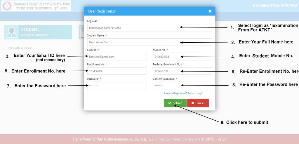 After clicking on New user Register Now button the User Registration Popup will open, Fill all required details and click on Submit button User account