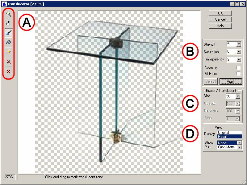 User interface Translucator has 4 main sections (see description below): A: Toolbar B: Extracting parameters C: Brush parameters D: View parameters Pressing the OK button causes returning to graphic