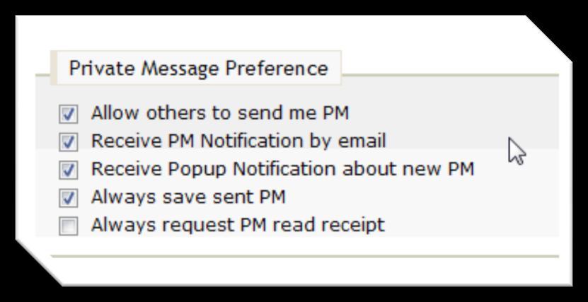 Can I choose not to receive the popup notification for PM? Yes, you may do so under the Edit Profile tab in your User Control Panel.
