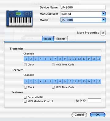 3 Click the More Information arrow to expand the dialog, then enable the appropriate MIDI channels (1 16) for the Transmits and Receives options.