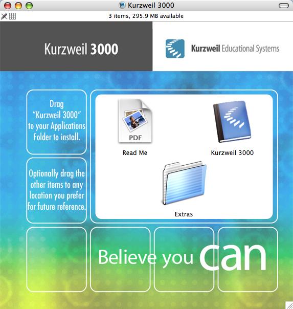 Installing Kurzweil 3000 To install Kurzweil 3000: 1. Place the Kurzweil 3000 CD in the computer s CD drive. The Kurzweil 3000 CD image appears on your desktop. 2.