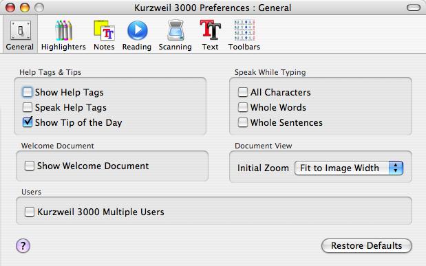 3. Choose Preferences from the Kurzweil 3000 application menu. This is the first menu in the menu bar after the Apple menu. The Kurzweil 3000 Preferences window appears. 4.