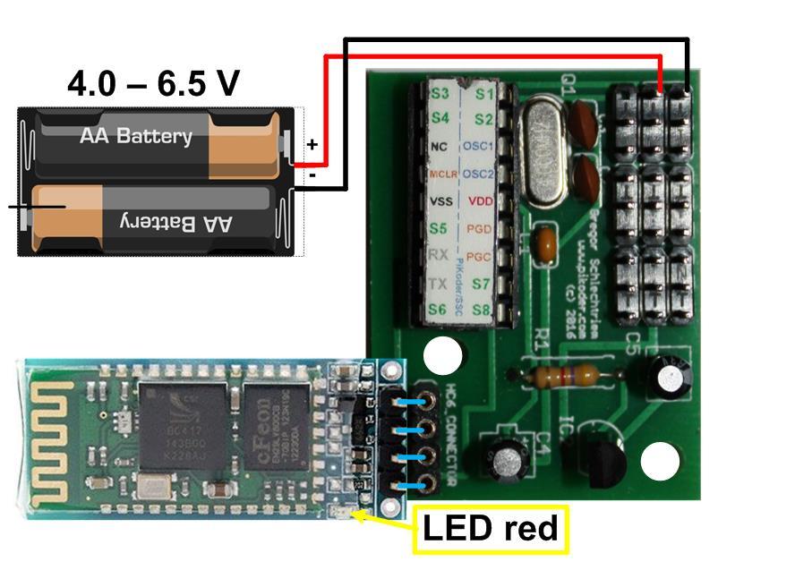 PiKoder/SSC RX User s Guide In order to commission your PiKoder/SSC RX you would connect a battery or other power source providing a voltage between 4.0 and 6.5 Volts to your module (see below).