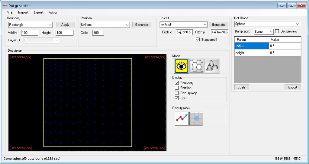 Figure 7. Dot generator in the Texture Optimizer II showing parameter formulas for Pitch x and Pitch y.