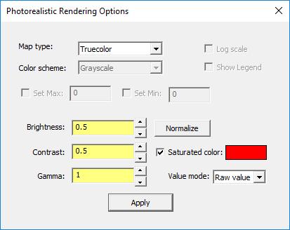 Figure 8. Photorealistic Rendering Options with default values for Brightness, Contrast, and Gamma. You can simply type in new numbers and click Apply.