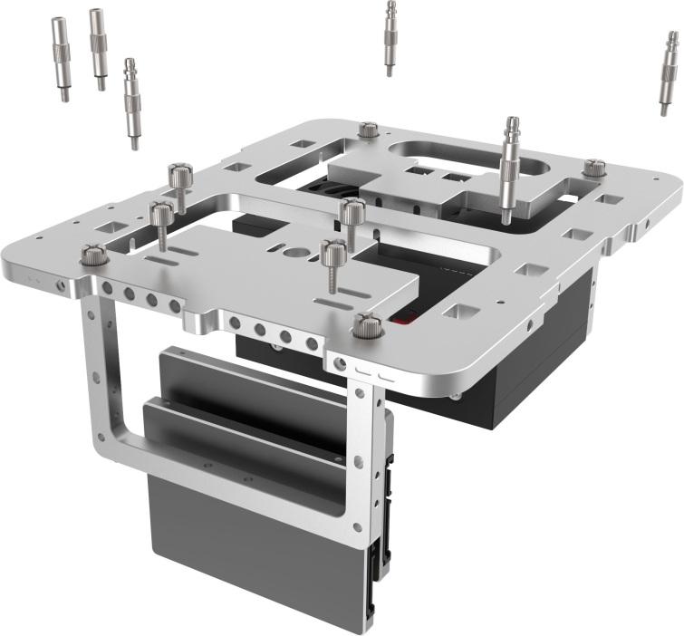 4 Fitting hard drives & standoffs to the main body The BC1 Mini supports 2 x 2.5" drives which mount vertically to the underside of the main body using the M3 thumbscrews.
