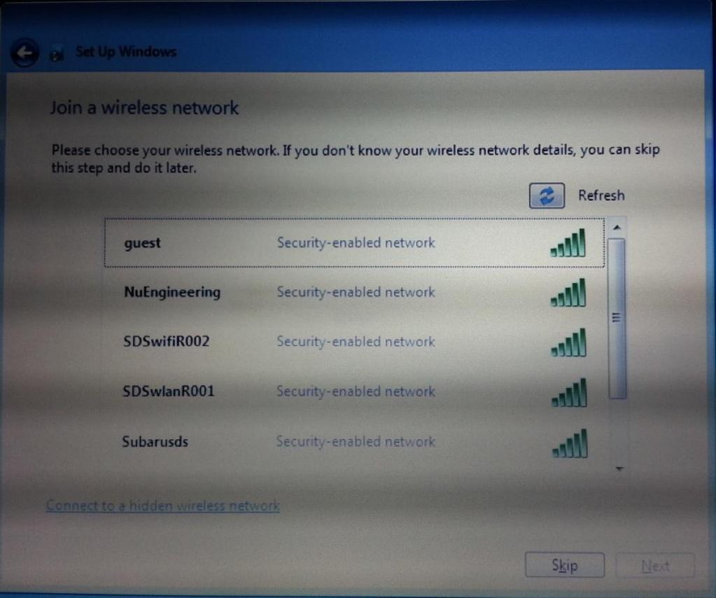The Join a Wireless Network screen appears. Click Skip. Installation Setup Completion The computer will finish any other configuration on its own and then boot up and login automatically.