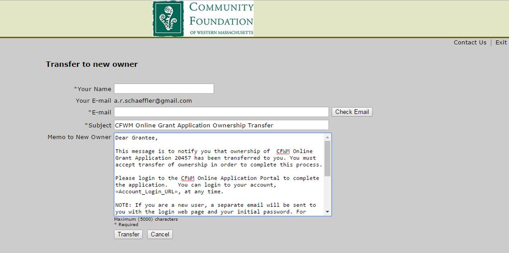 1 - Transfer Application This action allows the applicant to transfer ownership of the application to another user.