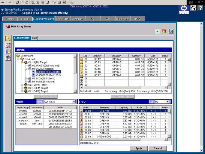 The figure below shows an example of the Command View LUN Management display that you use to