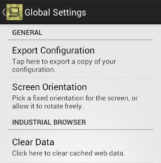 Global Settings The Global Settings button brings up a list of settings common to all TinyTERM connection configurations. General You can Export Configuration via email. This creates a TinyTERM.