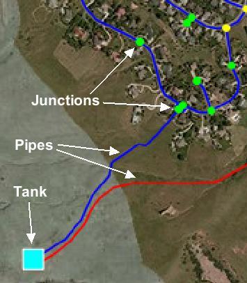 2. Identify a junction element and select the junction by clicking on it. 3. Identify a tank element and select the tank by clicking on it. Figure 4 Example of map elements 3.