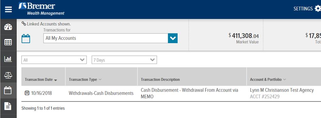 Transactions On the Transactions page you can view account activity either aggregated for all accounts or at the individual account level.
