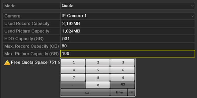 Select a camera for which you want to configure quota. 4. Enter the storage capacity in the text fields of Max. Record Capacity (GB) and Max. Picture Capacity (GB), as shown in Figure 10. 19.