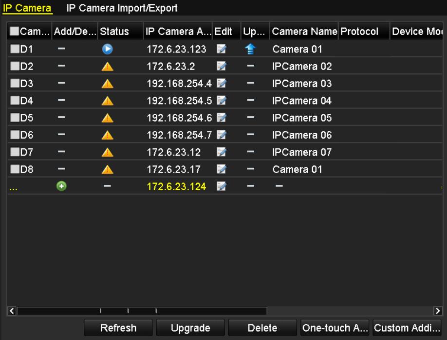 Figure 2. 21 List of Connected Cameras The cameras connecting to the PoE interface cannot be deleted in this menu. 2. Click the button, and select the Adding Method in the drop-down list.