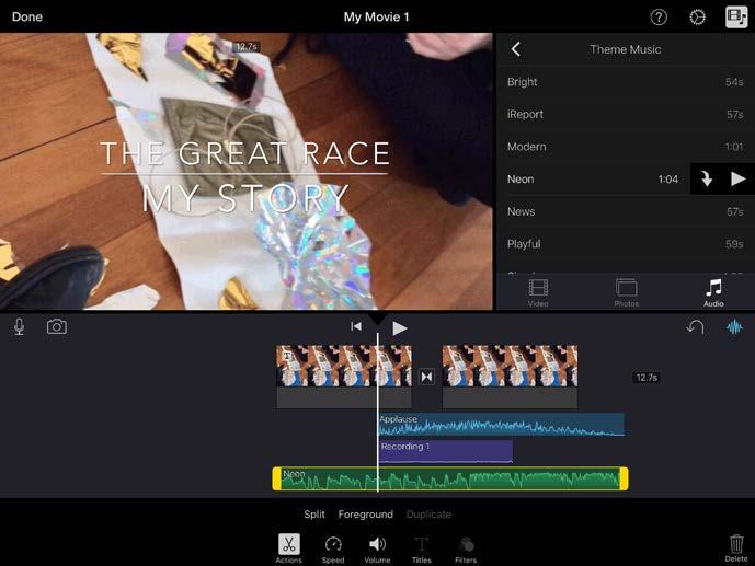 To add stored audio theme music To add theme music from the imovie library, return to the Audio menu and select theme music.