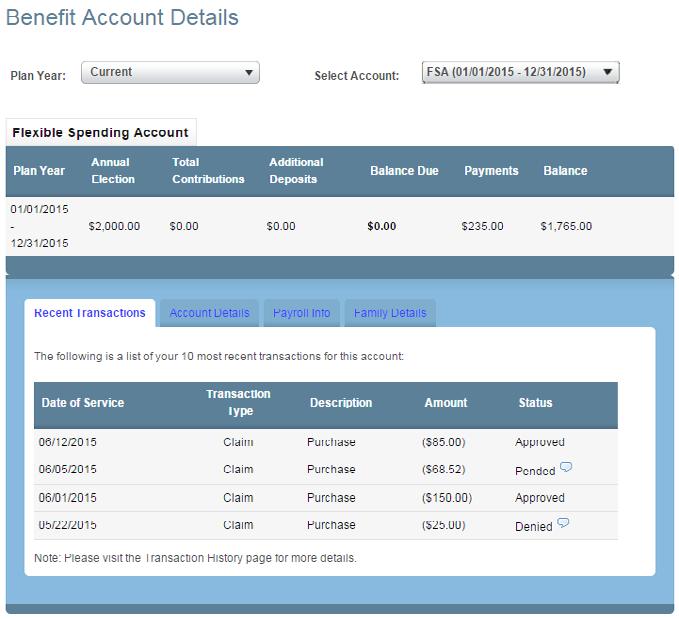 Recent transactions As shown above, this section within the benefit account details page displays the 10 most recent transactions for the selected account.