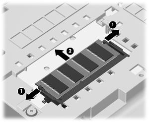 7. Remove the existing memory module: a. Pull away the retention clips (1) on each side of the memory module. The memory module tilts up. b.