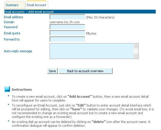 information in the required field to set your E-mail Account, Domain, Password, Quota, Forward to and