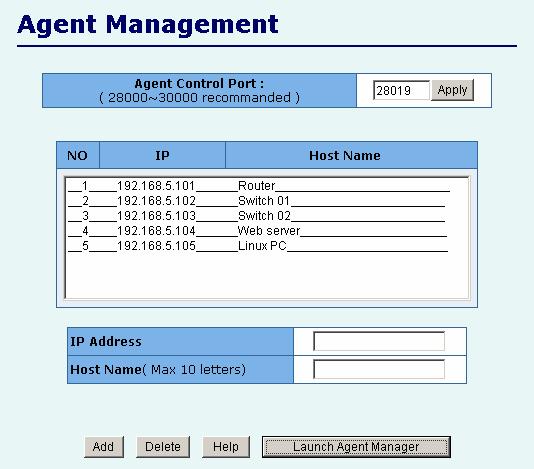 2.5.14 Agent Management This switch provides a new management tool for user to manage a group of LAN switches by an IP agent method.