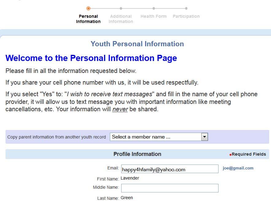 PERSONAL INFORMATION SCREEN Every youth and adult in a family will have a Personal Information page. 8. Please carefully enter, review, and update this information.
