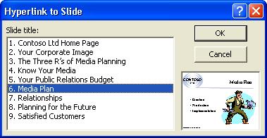 Slide. The Hyperlink to Slide dialog box appears. 7 In the Slide Title list, click Media Plan.