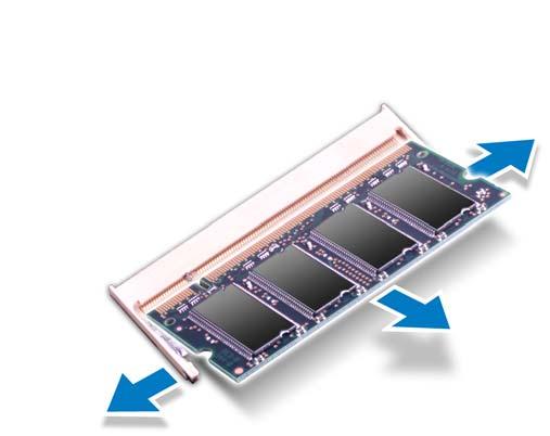 4 Use your fingertips to carefully spread apart the securing clips on each end of the memory-module connector until the memory module pops up.