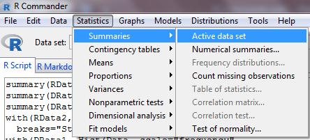 Sumamrizing Data with Rcmdr Summarize datasets using: Statistics / Summaries / Active data