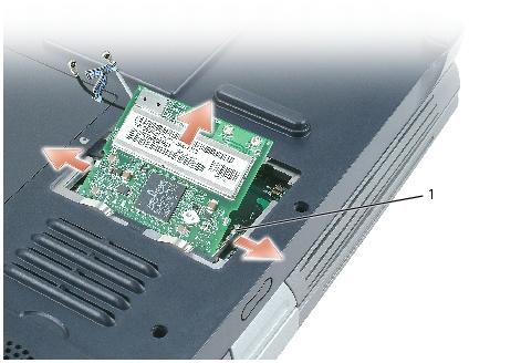 Memory Module, Mini PCI Card, and Devices: Dell Inspiron XPS and Inspiron 9100 Service Manual 1 securing tabs NOTICE: To avoid damaging the antenna cables or the Mini PCI card, never place the cables
