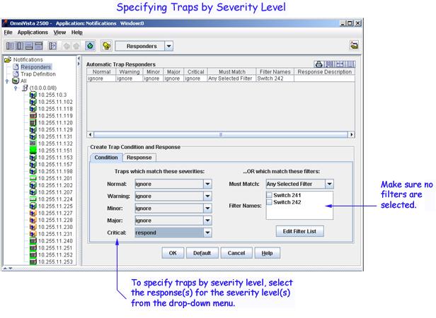 The Trap Responders Window If you want to specify traps using one or more severity levels, set the desired trap severity levels to respond.