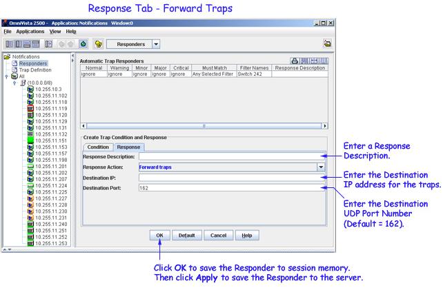 The Trap Responders Window 1. Enter a Response description. 2. Enter the destination IP address in the Destination IP field. Only one IP address can be entered per Responder.