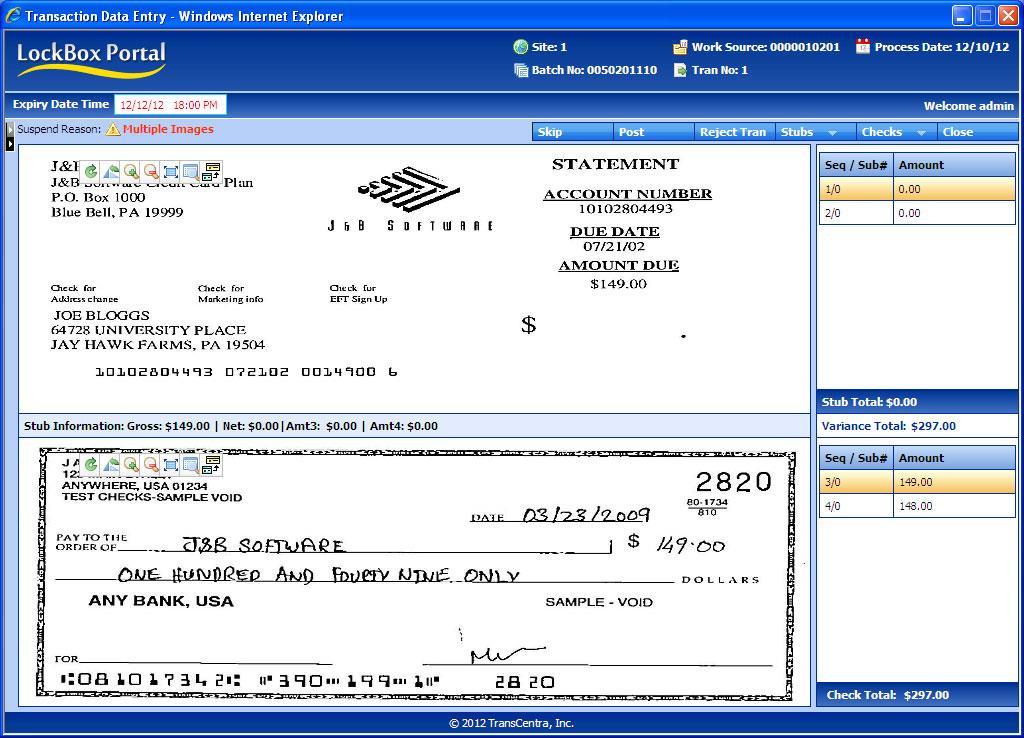 DATA ENTRY After selecting a transaction, you may change stub or check amounts or use a function from the Stubs or Checks pull-down lists. Note the Suspend Reason shown above the stub image.