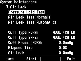 4. MAINTENANCE Air Leak Test Screen - Checking the Pressure Hold 1. Connect the 250 ml dummy cuff and hand bulb pump to the instrument with the 3.5 m long adult/child air hose.