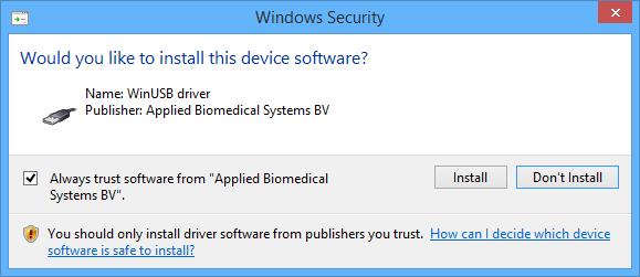 A dialog appears showing the software publisher (Applied Biomedical Systems BV) and asking if you want to install the