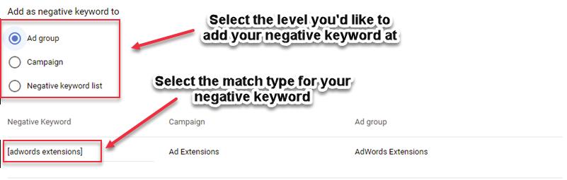 Checking the box to the left of the search query (as depicted above) will generate a blue option bar: Since we want to add this query as a negative keyword, select Add as negative keyword (shocking,