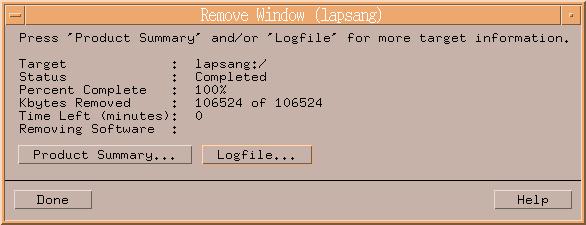 6. The Remove Window page will be displayed. When "Completed" is displayed in Status field, the uninstallation is completed. Click Done to go back to the initial page. 7.