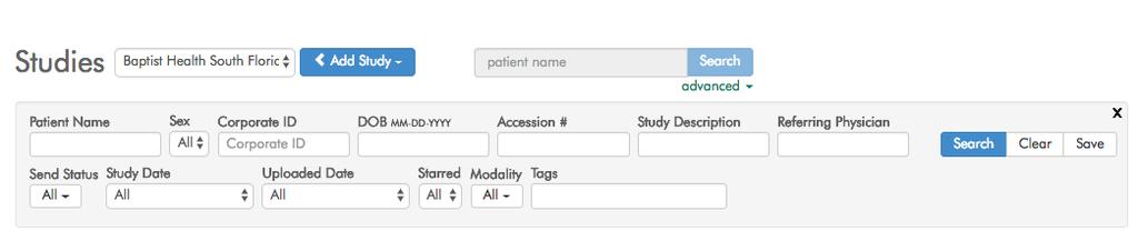 Searching for Studies After selecting the appropriate namespace (i.e. Baptist Health South Florida or your name), all studies shared to those respective namespaces will appear.
